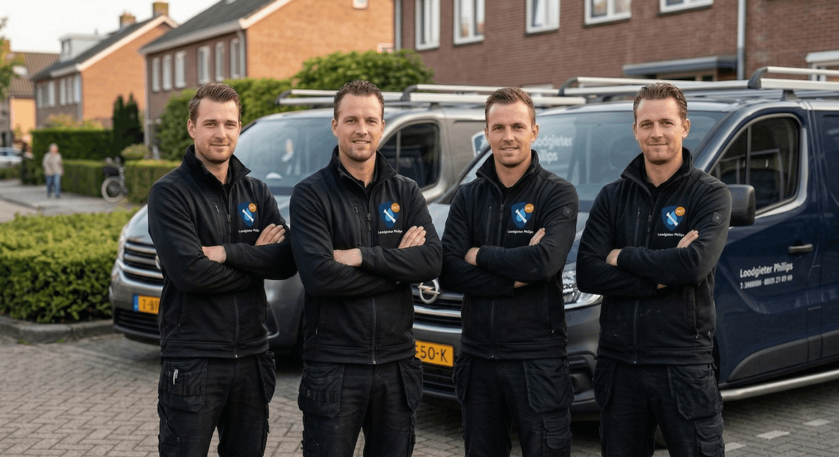 Team Loodgieter Philips in werkkleding voor servicebussen